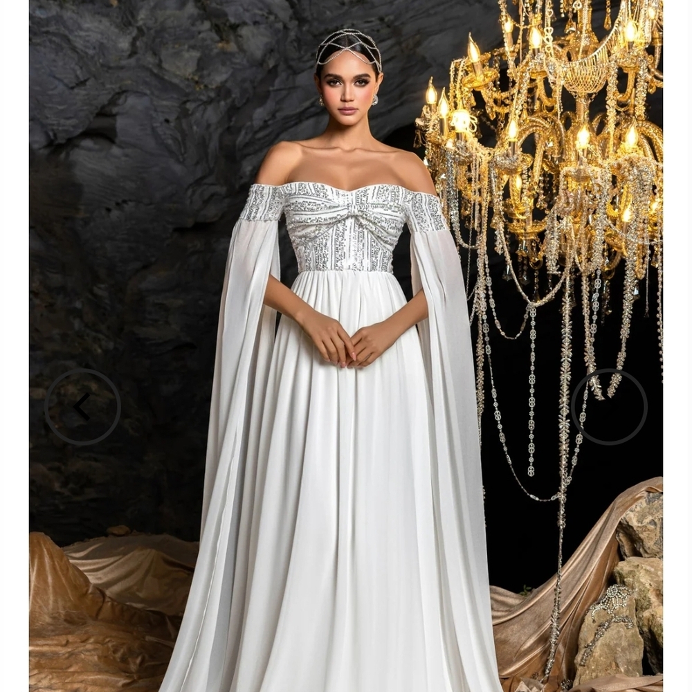 NWOT Dazzling White Off-Shoulder Gown With Silver Sequin Bodice